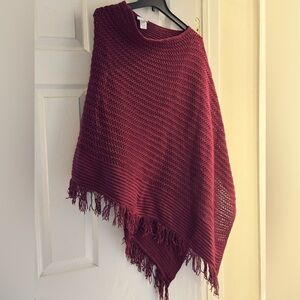JJill Burgundy Knit Poncho with Fringe